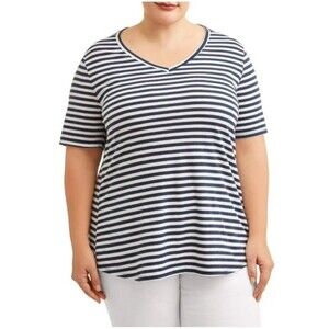 Terra & Sky T-Shirt Short Sleeve V-Neck Women's 4X (28W-30W) Blue White Stripe